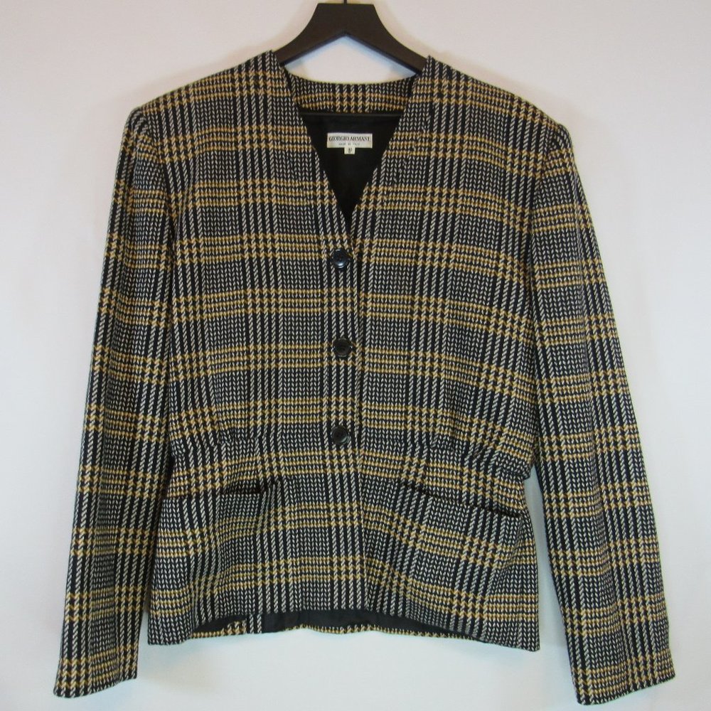 Girogio Armani Black Yellow Wool Houndstooth Blazer Jacket